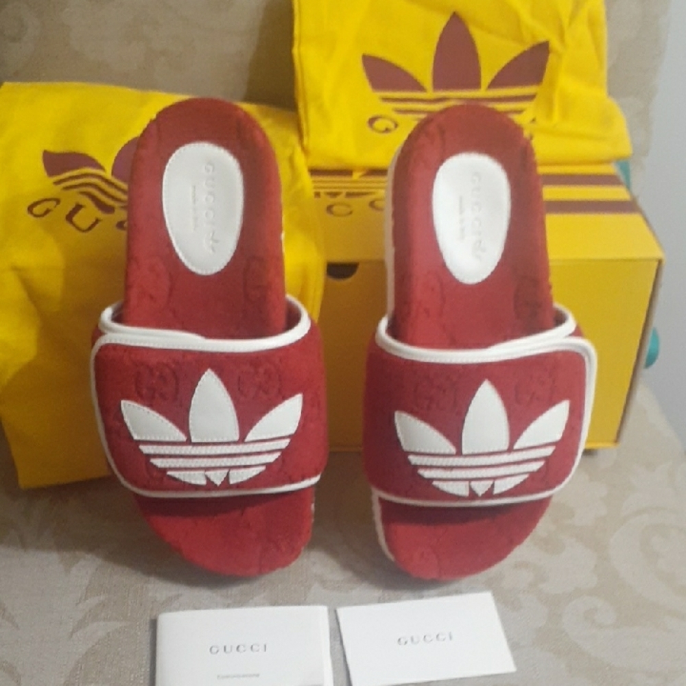 GUCCI  ADIDAS SANDALS SLIDES  RED NIB PLATFORM GG LOGO
